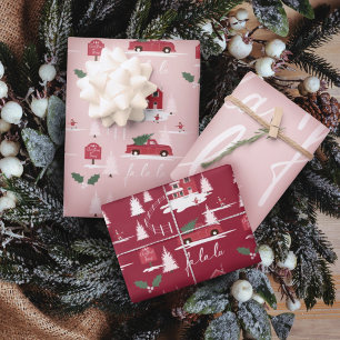 Feuille De Papier Cadeau Paysage De Ferme De Noël Rose Vintage