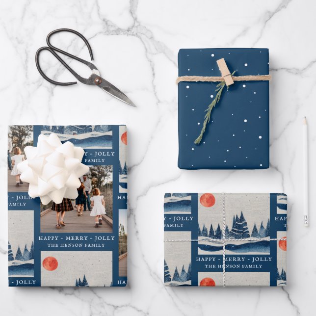 Feuille De Papier Cadeau Paysage d'hiver Forêt Lune Photo Bleue (Recto)