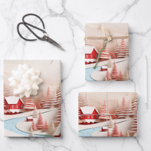 Feuille De Papier Cadeau Paysage d'hiver scandinave en 3D