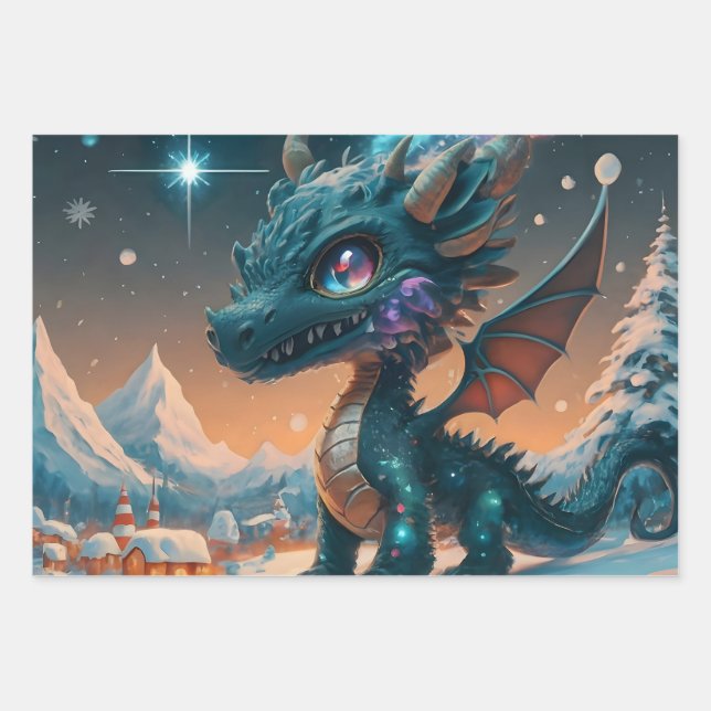 Feuille De Papier Cadeau Paysage hivernal de Chibi Dragon mystique (Devant)