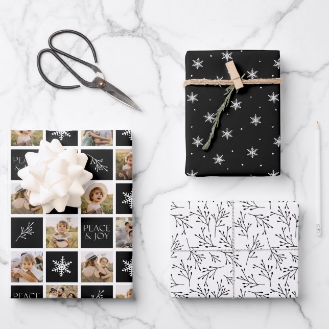 Feuille De Papier Cadeau Peace and Joy Black Holiday Photo Collage (Recto)
