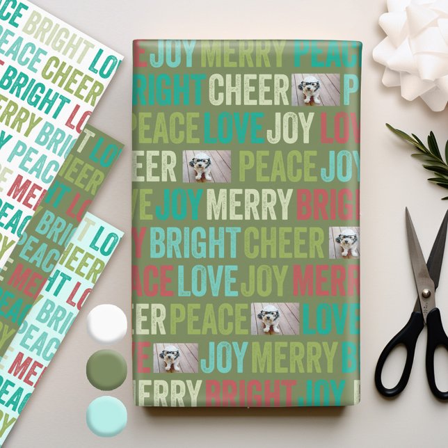 Feuille De Papier Cadeau Peace Love Joy Bright Merry Cheer avec 1 Photo (Personalized Photo Wrapping Paper)