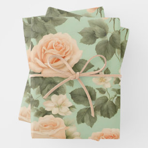 Feuille De Papier Cadeau Peach Color Roses sur Arrière - plan vert clair