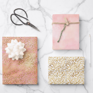 Feuille De Papier Cadeau Peach Crème rose Jaune Or Empreinte de léopard Tie