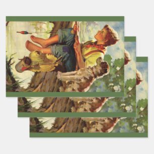 Feuille De Papier Cadeau Pêche à l'ancienne, garçon avec son chiot et ses v