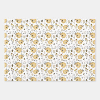 Feuille De Papier Cadeau Peigne de miel et fleurs d'abeilles