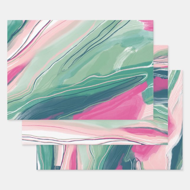 Feuille De Papier Cadeau Peinture à la main abstraite peinture marbré vert  (Lot)