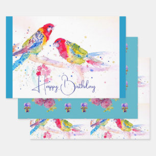 Feuille De Papier Cadeau Peinture d'aquarelle rouge Rosella Parrot Turquois