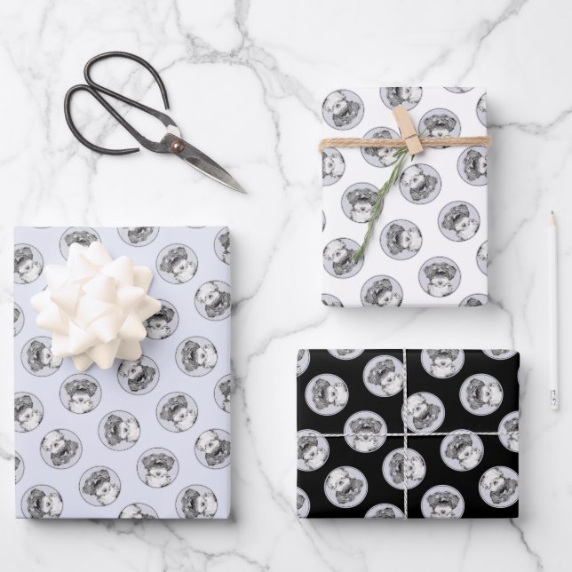 Feuille De Papier Cadeau Peinture Tibétaine Terrier Art Chien noir et blanc (Recto)