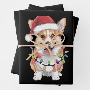 Feuille De Papier Cadeau Pembroke Welsh Corgi Père Noël Lumières des arbres