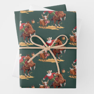 Feuille De Papier Cadeau Père Noël Cowboy Occidental Rodeo Cheval et Renne 
