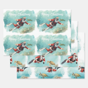 Feuille De Papier Cadeau Père Noël en plongée sous-marine pour un Noël sous