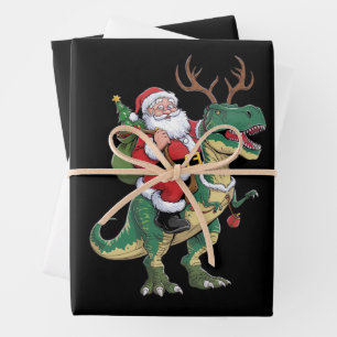 Feuille De Papier Cadeau Père Noël équitation Dinosaur T-Rex Noël Escadron 