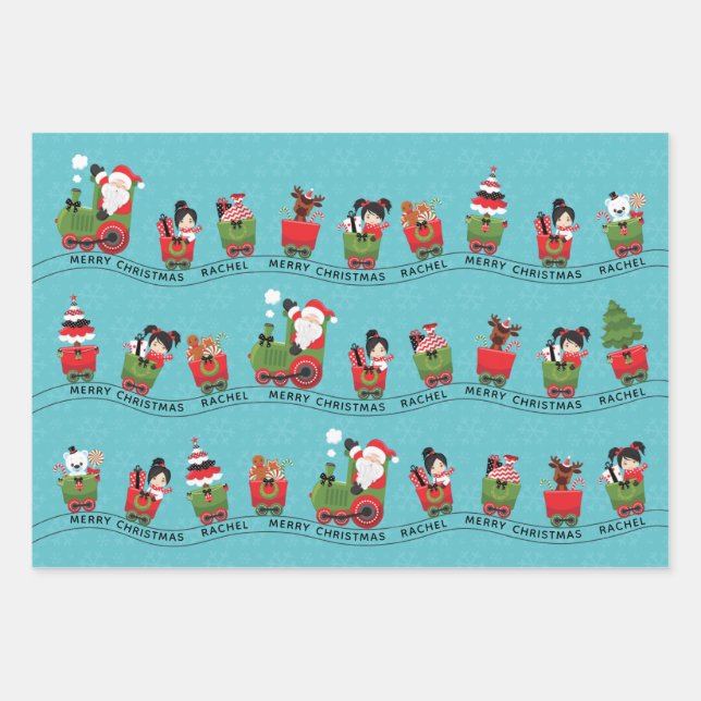 Feuille De Papier Cadeau Père Noël et fille asiatique en train (Devant)
