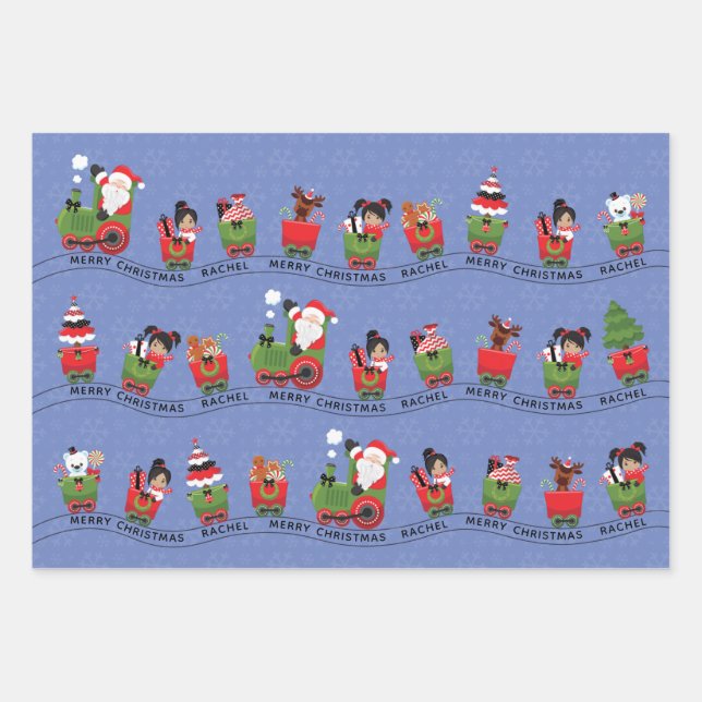 Feuille De Papier Cadeau Père Noël et fille multiculturelle en train (Devant 2)