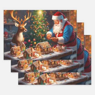 Feuille De Papier Cadeau Père Noël et rennes font maison de pain d'épices