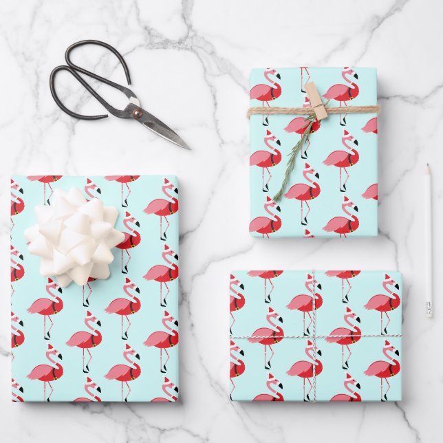Feuille De Papier Cadeau père Noël Flamant rose rose Motif de Noël (Recto)