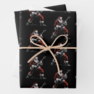 Feuille De Papier Cadeau Père Noël jouant de la guitare rétro 90s Christmas