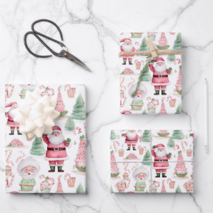 Feuille De Papier Cadeau Père Noël Scene Rose Coordination Noël