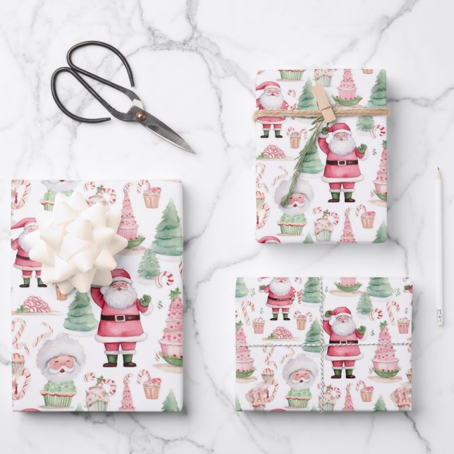 Feuille De Papier Cadeau Père Noël Scene Rose Coordination Noël (Recto)