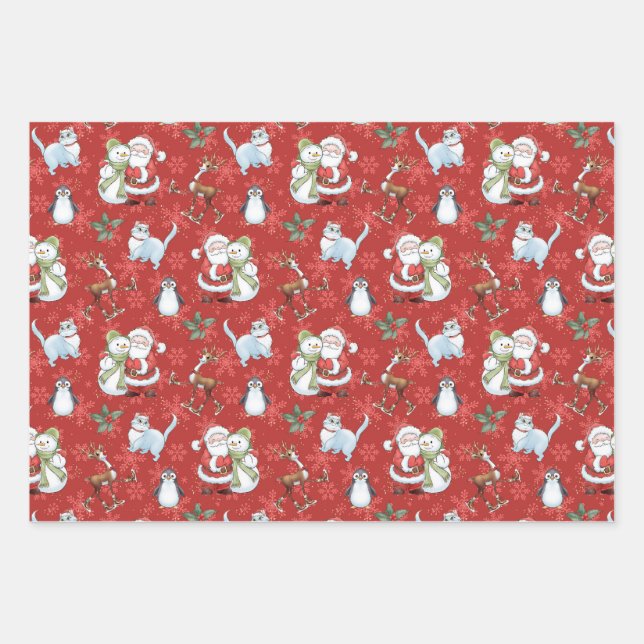 Feuille De Papier Cadeau Père Noël, Snowman, Reindeer, Chat (Devant 2)