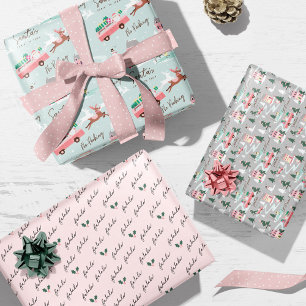 Feuille De Papier Cadeau Père Noël Venir À Ville Pink Retro Van Wrapping
