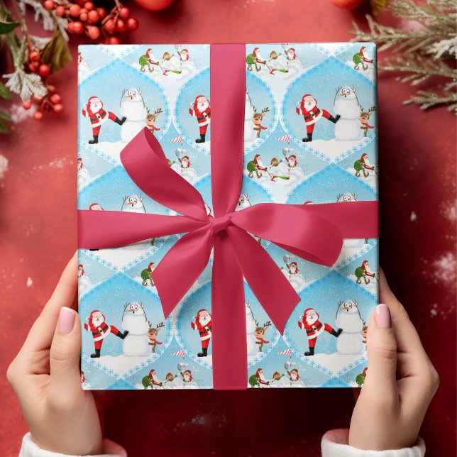Feuille De Papier Cadeau Père Noël Whimsical Jouer Golf, Snowman Et Rennes (A funny Christmas wrapping paper with Santa making Mr. Snowman worried!)