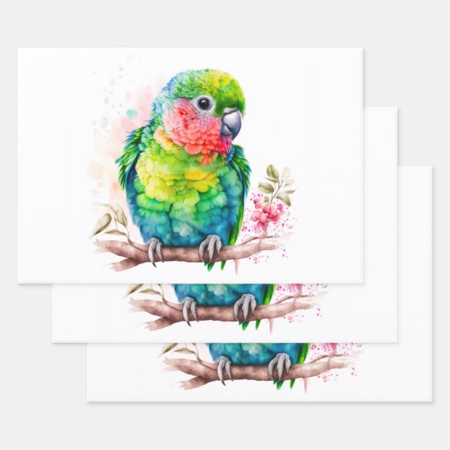 Feuille De Papier Cadeau Perroquet vert - Bébé mignon oiseau (Lot)