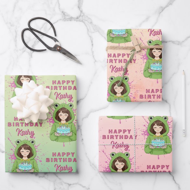 Feuille De Papier Cadeau Personalized Kawaii Frog Hoodie Girl Birthday (Recto)