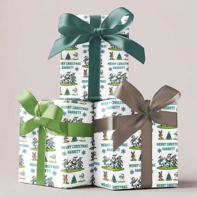 Feuille De Papier Cadeau Personalized Santa Soccer Wrapping Paper Sheets (Celebrate the little soccer player in your life with this adorable Santa Soccer wrapping paper! )