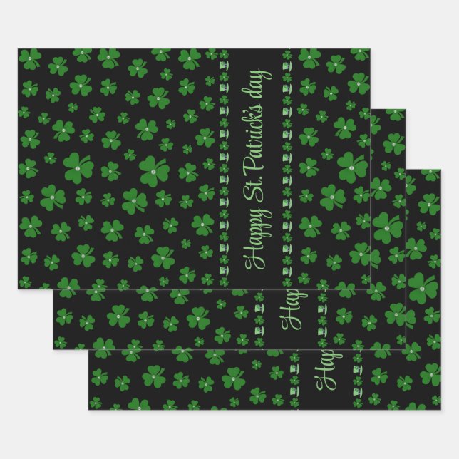 Feuille De Papier Cadeau Personalized St. Patrick’s Day Shamrock on Black (Lot)
