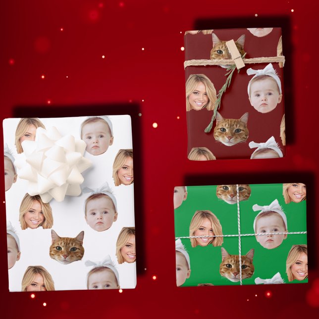 Feuille De Papier Cadeau Personnalisé Mignonne Famille Face 3 Photos (Créateur téléchargé)