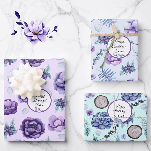 Feuille De Papier Cadeau Personnaliser le nom Fleurs d'anniversaire dans La (Créateur téléchargé)