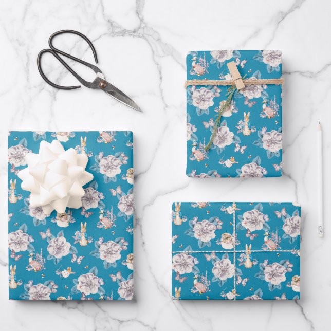 Feuille De Papier Cadeau Peter Rabbit | Blue Floral Garden Motif (Recto)
