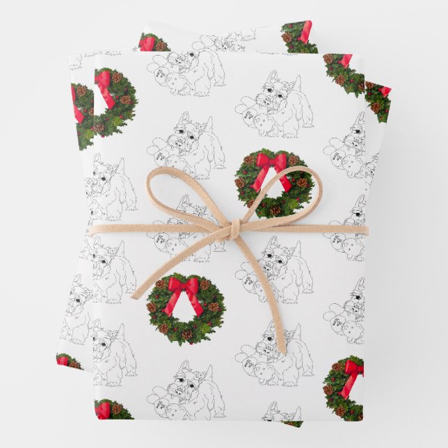 Feuille De Papier Cadeau Petit Chien écossais avec couronne de Noël (En situation)