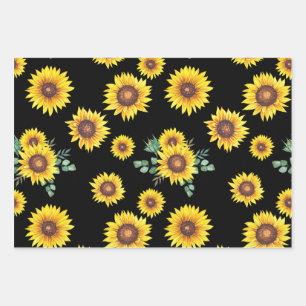 Feuille De Papier Cadeau Petit motif de tournesol sur Arrière - plan noir