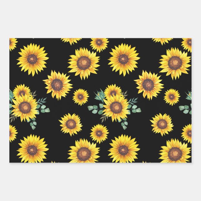 Feuille De Papier Cadeau Petit motif de tournesol sur Arrière - plan noir (Devant)