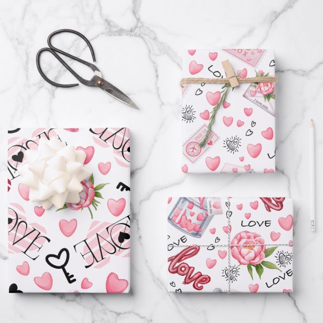 Feuille De Papier Cadeau Petite mignonne Coeurs blancs et roses Saint Valen (Recto)