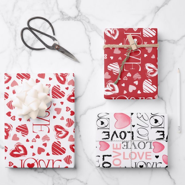 Feuille De Papier Cadeau Petite mignonne Rouge Blanc & Coeurs Rose Saint Va (Recto)