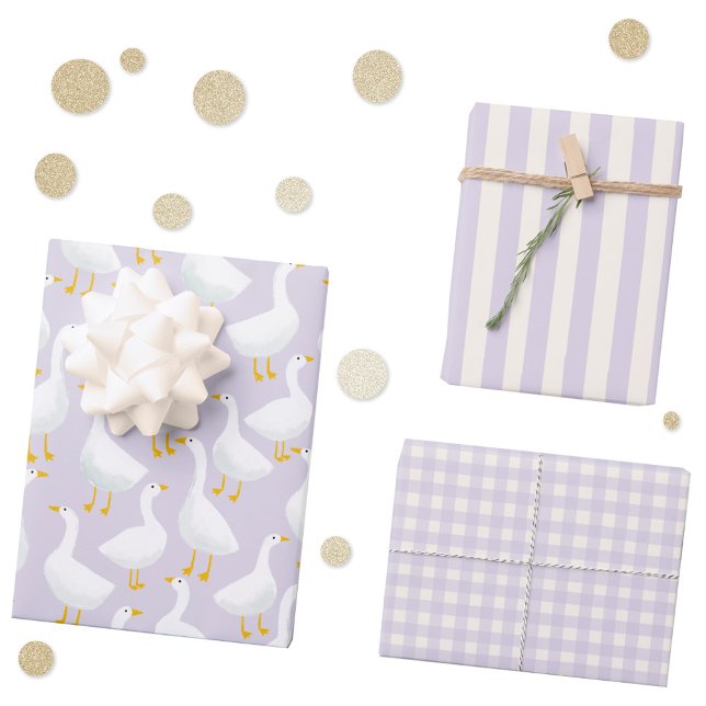 Feuille De Papier Cadeau Petite oie Lilac pourpre Lilac (Little Goose geese stripe and gingham check pastel lilac purple gift wrapping paper sheets)