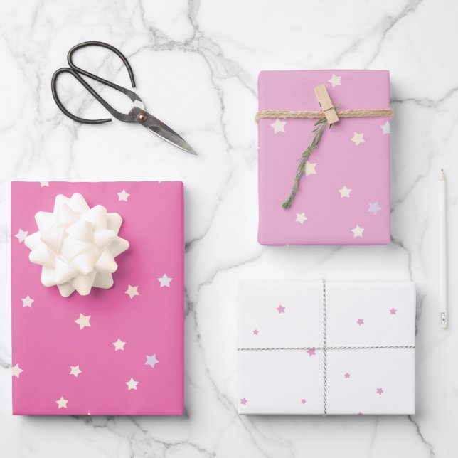 Feuille De Papier Cadeau Petites étoiles arc-en-ciel en rose et blanc (Recto)