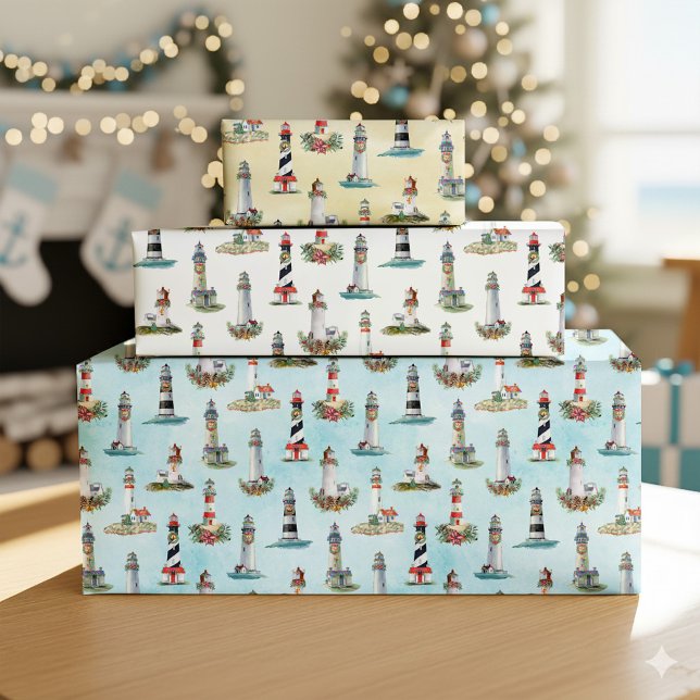 Feuille De Papier Cadeau Phare de Noël nautique Aquarelle Côte (Créateur téléchargé)