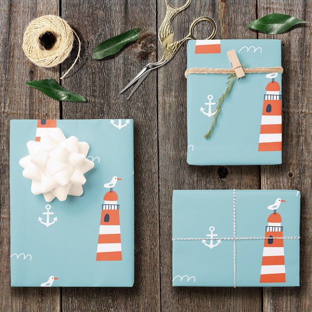 Feuille De Papier Cadeau Phare pour enfants et Motif d'Ancres sur Blue (Créateur téléchargé)
