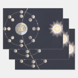 Feuille De Papier Cadeau Phases de Lune avec Terre & Soleil, Astronomie Vin
