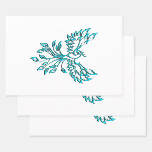 Feuille De Papier Cadeau Phoenix Bleu se lève sur fond Blanc