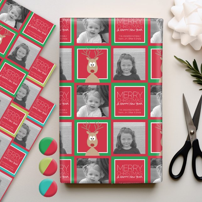 Feuille De Papier Cadeau Photo de Cartoon Reindeer avec Joyeux Noël (Personalized Photo Wrapping Paper)