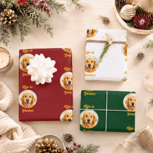 Feuille De Papier Cadeau Photo de Golden Retriever rouge blanc vert Noël