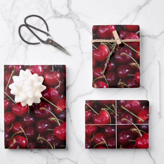 Feuille De Papier Cadeau Photo Fraîche Cerises Rouges (Recto)