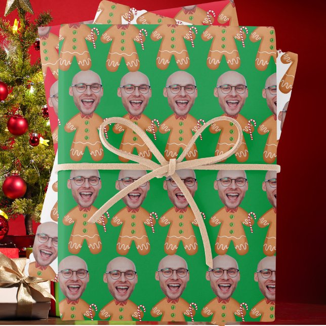 Feuille De Papier Cadeau Photo personnalisée Visage pain d'épice drôle Noël (Créateur téléchargé)