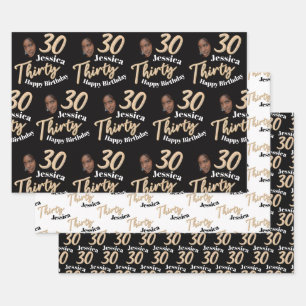 Feuille De Papier Cadeau Photos de 30e anniversaire or noir et blanc emball
